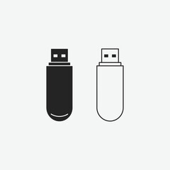 Set of 4 modern USB flash drive icons in black and white. Includes solid, outline, and detailed styles. Perfect for tech, UI, apps, and minimalist designs. Isolated on white background.