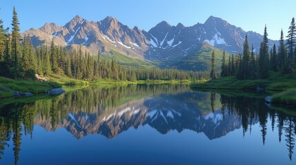 Mountain lake reflection serene morning landscape
