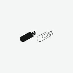 Set of 4 modern USB flash drive icons in black and white. Includes solid, outline, and detailed styles. Perfect for tech, UI, apps, and minimalist designs. Isolated on white background.