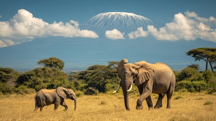 Two elephants stroll through golden savanna beneath a majestic, snow-capped mountain
