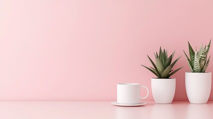 Fototapeta premium Minimalist white cup and green succulents in white pots on pink background, creating fresh and serene home decor scene