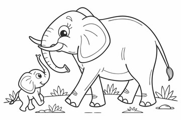 Fototapeta premium coloring page for kids, a mother elephant walking with her small baby, their trunks are touching, lovely scene, thick outlines, black and white