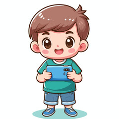 Cute boy cartoon vector playing smartphone