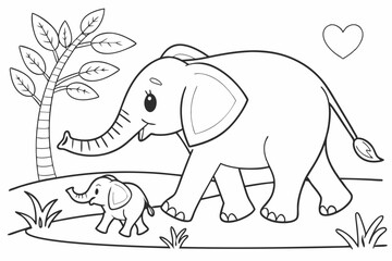 Fototapeta premium coloring page for kids, a mother elephant walking with her small baby, their trunks are touching, lovely scene, thick outlines, black and white