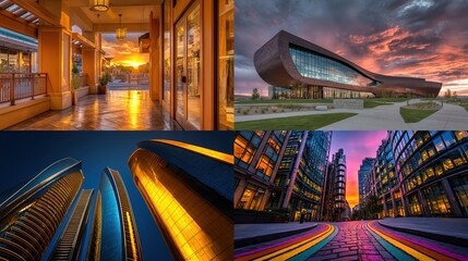 Four urban architectural scenes showcasing diverse building styles at sunset or dawn, with various angles and lighting