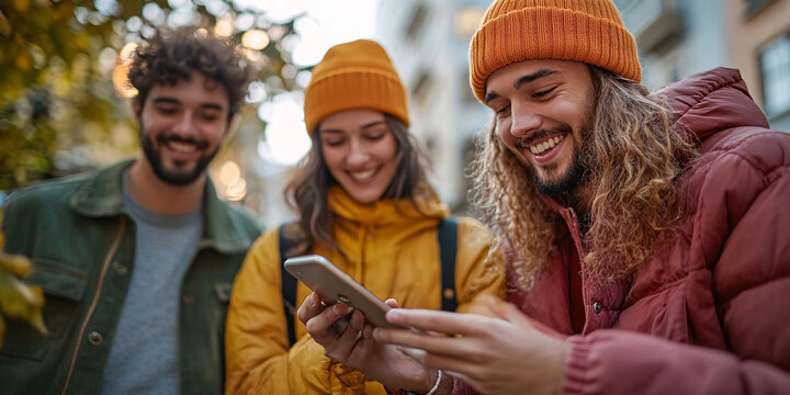 Three young friends joyfully looking at a smartphone together on a city street. - Powered by Adobe