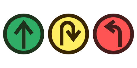 Traffic light icons. Round road signals. Color arrow symbols. Vector transport shapes.