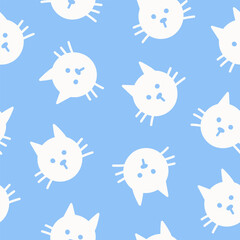 Seamless pattern with cute head cats. Hand drawn fun childish print. Blue and white colors. Vector  illustration