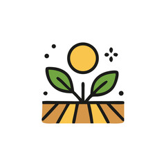 A stylized illustration of a young plant thriving under the sun in a cultivated field.