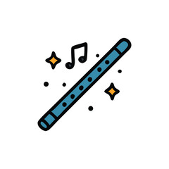 A stylized illustration of a musical instrument, a flute, with musical notes and sparkles.