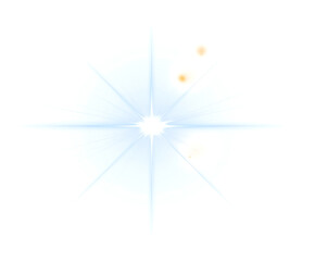 Yellow star flashed with sparkles sun isolated on white background. Soft glow without departing rays, sunlight with lens flare effect. PNG vector light effect
