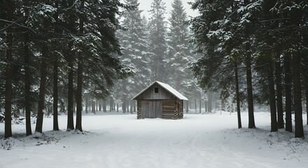Secluded Wooden Cabin nestled in a Snow Covered Pine Forest Winter Wonderland Escape