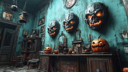 Haunted antique room with Halloween d?cor, eerie skulls, and pumpkins