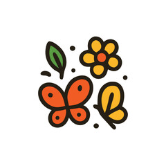 Illustration of a butterfly, flower, and leaves in a simple, colorful, and cartoon-like style.