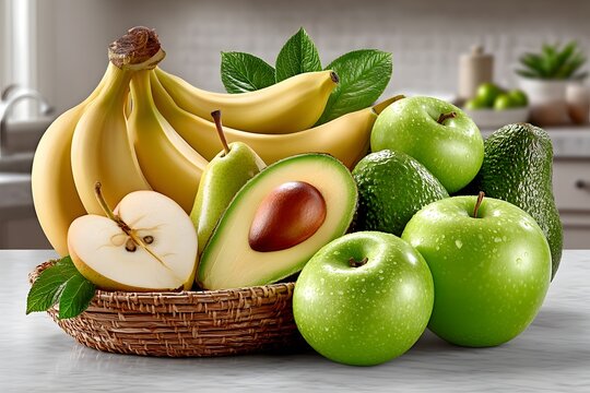 Fresh fruit basket with green apples high resolution photo