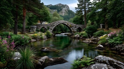 Fototapeta premium Historic arched stone bridge nestled in forested hills high resolution image