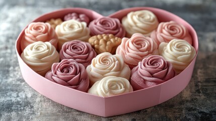 Heart-shaped box filled with sculpted flower-shaped candies