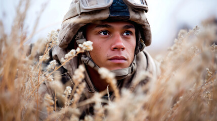 A soldier crouches in tall grass, eyes locked on the horizon defending peace through preparation, 