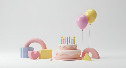 Delightful Pastel Birthday Cake with Balloons and Geometric Shapes A Festive 3D Render