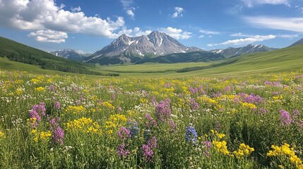 Vibrant Wildflower Meadow Stretching Towards Majestic Mountain Peaks Under a Summer Sky A breathtaking landscape showcasing nature's beauty with wildflowers, mountains, and a bright blue sky.
