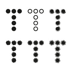 Dotted shape icons. Letterform dot symbols. Typography abstract form. Vector text pattern.