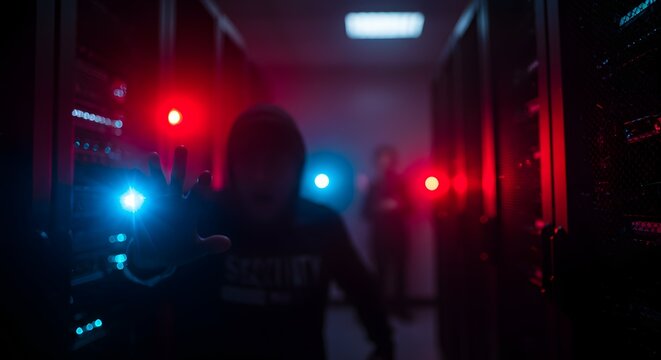 Cybersecurity Breach Hacker in Data Center, Digital Security Threat, System Vulnerability, Network Intrusion, Data Theft Prevention