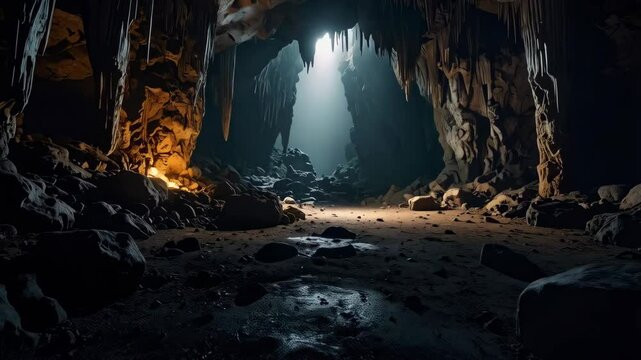 Mysterious cavern interior with stalactites, geological formations, dim light, rocks and rough terrain creating a mysterious, underground vista.