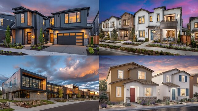 Four modern townhomes, showcased at sunset, in a variety of architectural styles.  Exterior shots of homes with garages, windows, and landscaping.  Evening light highlights the architectural details