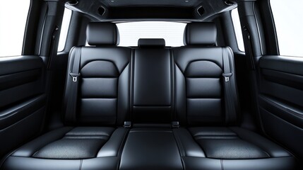 Interior of a vehicle showing dark leather seats, center armrest, and side panels