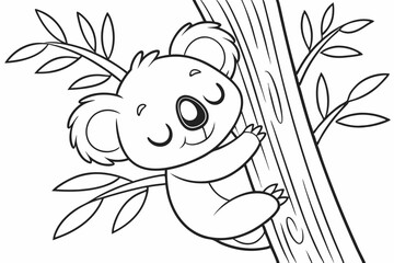 coloring page for kids, an adorable sleepy koala hugging a eucalyptus tree trunk, thick outlines, black and white