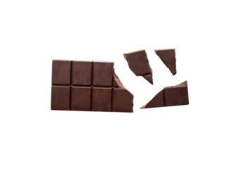 Broken organic dark chocolate bar isolated on a transparent background without shadow from above, top view, png