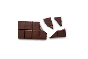 Naklejka na ściany i meble Broken organic dark chocolate bar isolated on a transparent background with shadow from above, top view, png