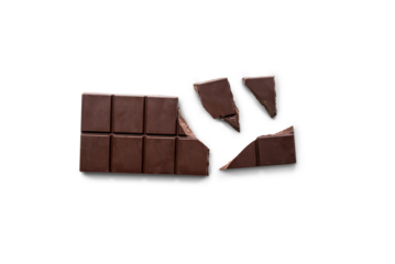 Broken organic dark chocolate bar isolated on a transparent background with shadow from above, top view, png