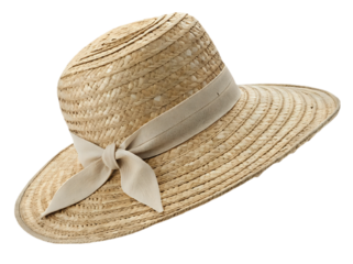 A woman straw hat with grey ribbon and bow, summer fashion and accessories concept, isolated on transparent background, cut out png