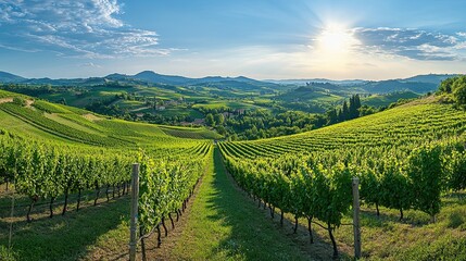 Fototapeta premium Breathtaking panoramic view of lush green vineyards under a clear blue sky on a warm summer day --ar 16:9 --raw --stylize 250 --v 6.1 Job ID: 15f6646c-e9a8-4747-85b1-e3bad386fed5