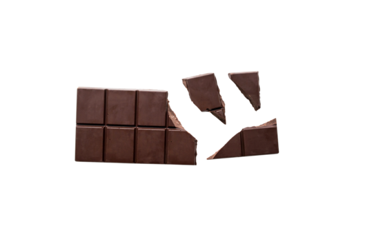 Broken organic dark chocolate bar isolated on a transparent background without shadow from above, top view, png