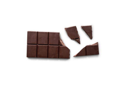 Broken organic dark chocolate bar isolated on a transparent background with shadow from above, top view, png