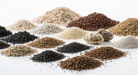 Assortment of Colorful Granular Materials and Pebbles on White Background