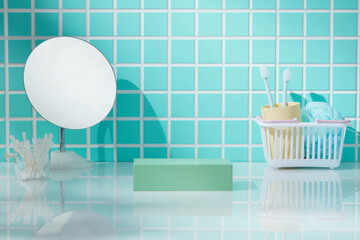 Pump bottles, containers and mirror in minimalist bathroom setup with mosaic tile wall. Clean...