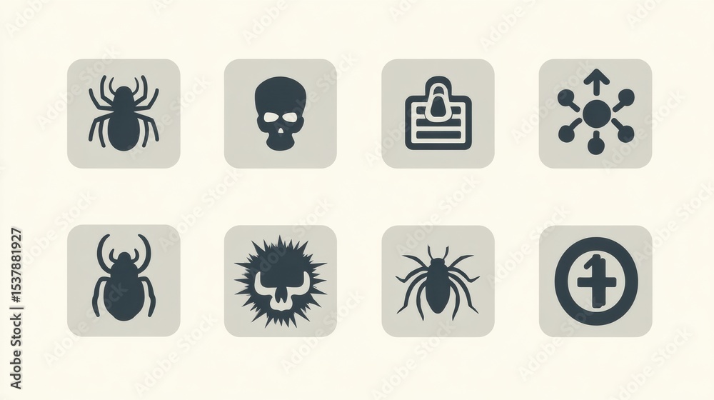 Aufkleber Explaining Different Types of Malware With Neutral Icons That Illustrate Cybersecurity Threats and Their Impacts on Digital Systems