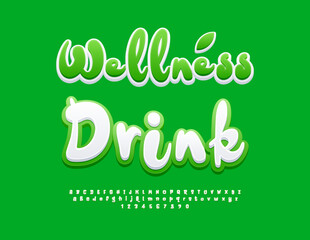 Vector Healthy logo Wellness Drink. Playful White and Green Font. Decorative Alphabet Letters and Number set.