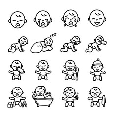 Set of baby icons in simple line art style. Includes crying, sleeping, crawling, feeding, bathing, playing, and various baby activities and emotions