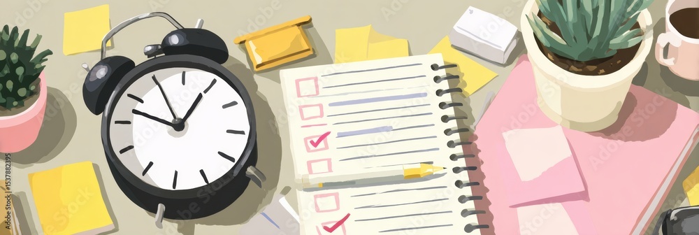Poster Effective Time Management With Clock, Notebook, and Task Lists Promoting Productivity at a Desk