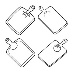 Four decorative black and white outlined kitchen cutting boards in different styles