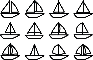 A collection of sailboat icons for ship and travel themes isolated on transparent background