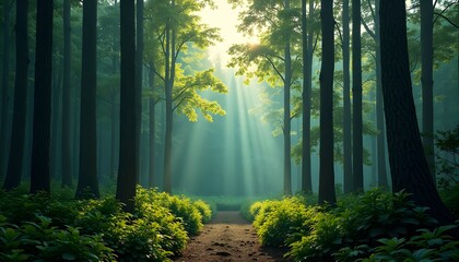 Obraz premium Sunlit Path Through Emerald Forest, Tall Trees and Lush Greenery