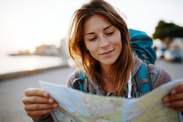 close-up photo of young backpacker checking map at sunrise, expression of wonder and purpose,