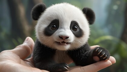 Obraz premium Adorable Baby Panda Cub in Human Hand Close Up Wildlife Portrait