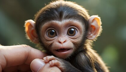 Fototapeta premium Adorable Baby Monkey Close Up Portrait Curious Primate Eyes Soft Fur