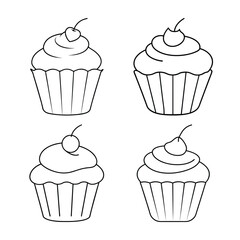 Simple outlined illustrations featuring four delightful cupcakes each topped with a single cherry
